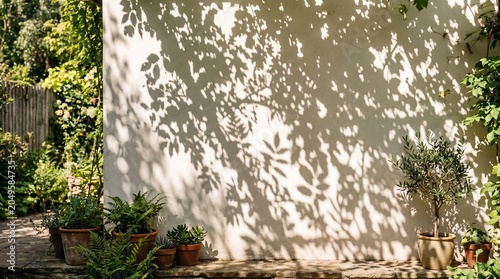Sunlit white wall adorned with dancing leaf shadows and potted garden plants, creating a serene outdoor ambiance