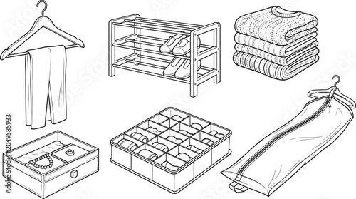 Принти на полотні Vector line art illustrations of clothing storage and home organization items pe