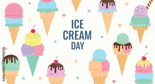 Colorful ice cream cones and scoops celebrate a sweet holiday