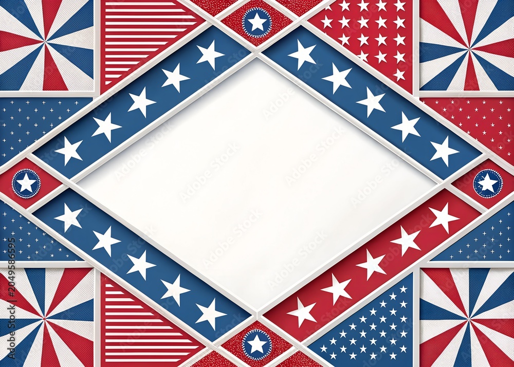 Fototapeta premium American flag pattern frame with stars and stripes in red white and blue for Independence Day or patriotic celebration isolated on transparent background