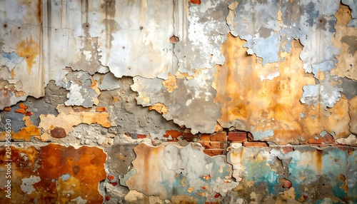 Close-up view of a distressed wall with layers of peeling paint exposing brick. Shows textures and variations in color