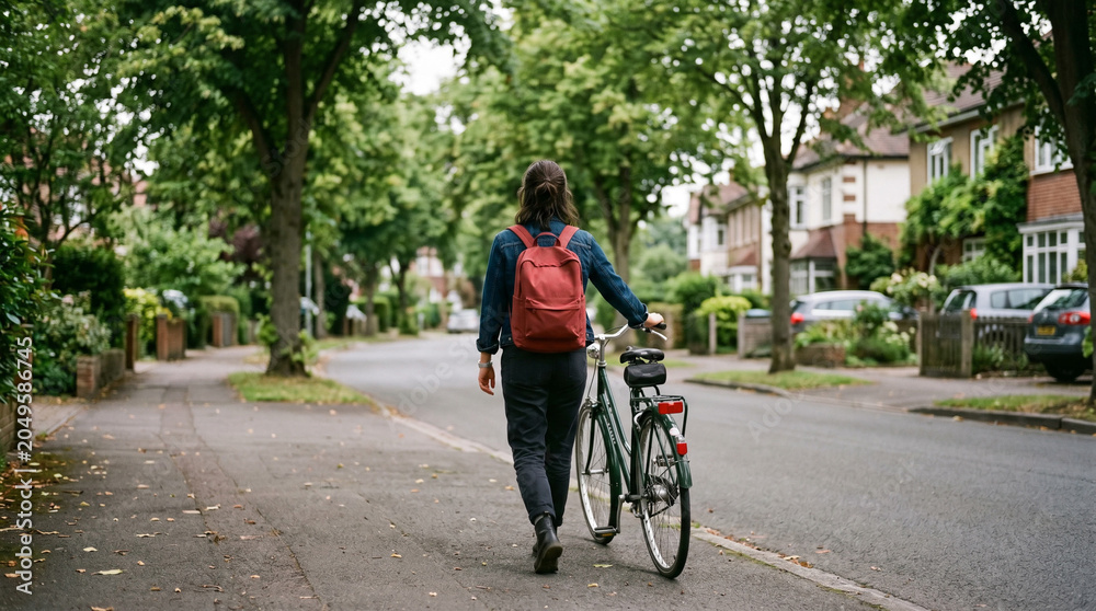 Naklejka premium Young woman with red backpack walking beside her bicycle on suburban street.