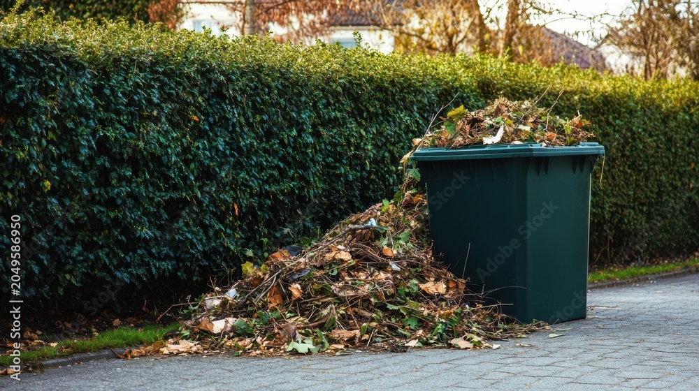 Fototapeta premium A green waste bin overflowing with leaves and garden debris is placed beside a neatly trimmed hedge along a paved pathway.