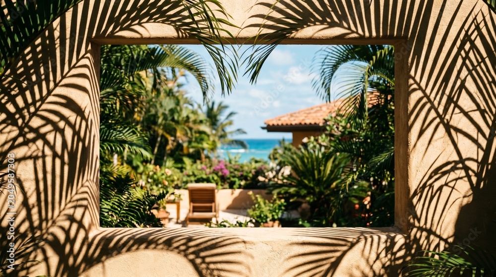 Fototapeta premium Tropical ocean view through a window frame with palm leaf shadows at a luxury beach resort