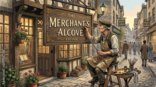 Canvas-taulu Man sitting outside merchants alcove shop.