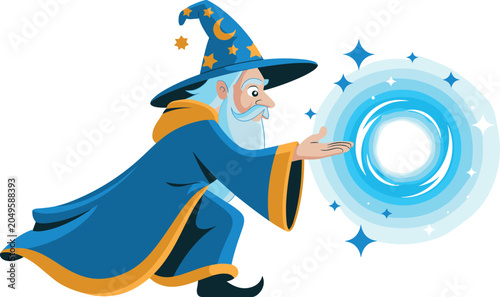 Photos Old wizard character in blue robe and pointed star hat casting powerful swirling