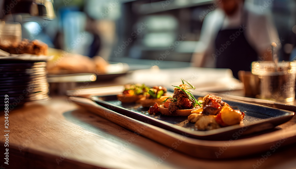 Fototapeta premium A close-up shot of a tray of food on a table, perfect for showcasing dishes in restaurants or cafes