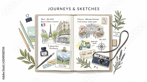 Photos Travel Journal Sketchbook Design Illustration.