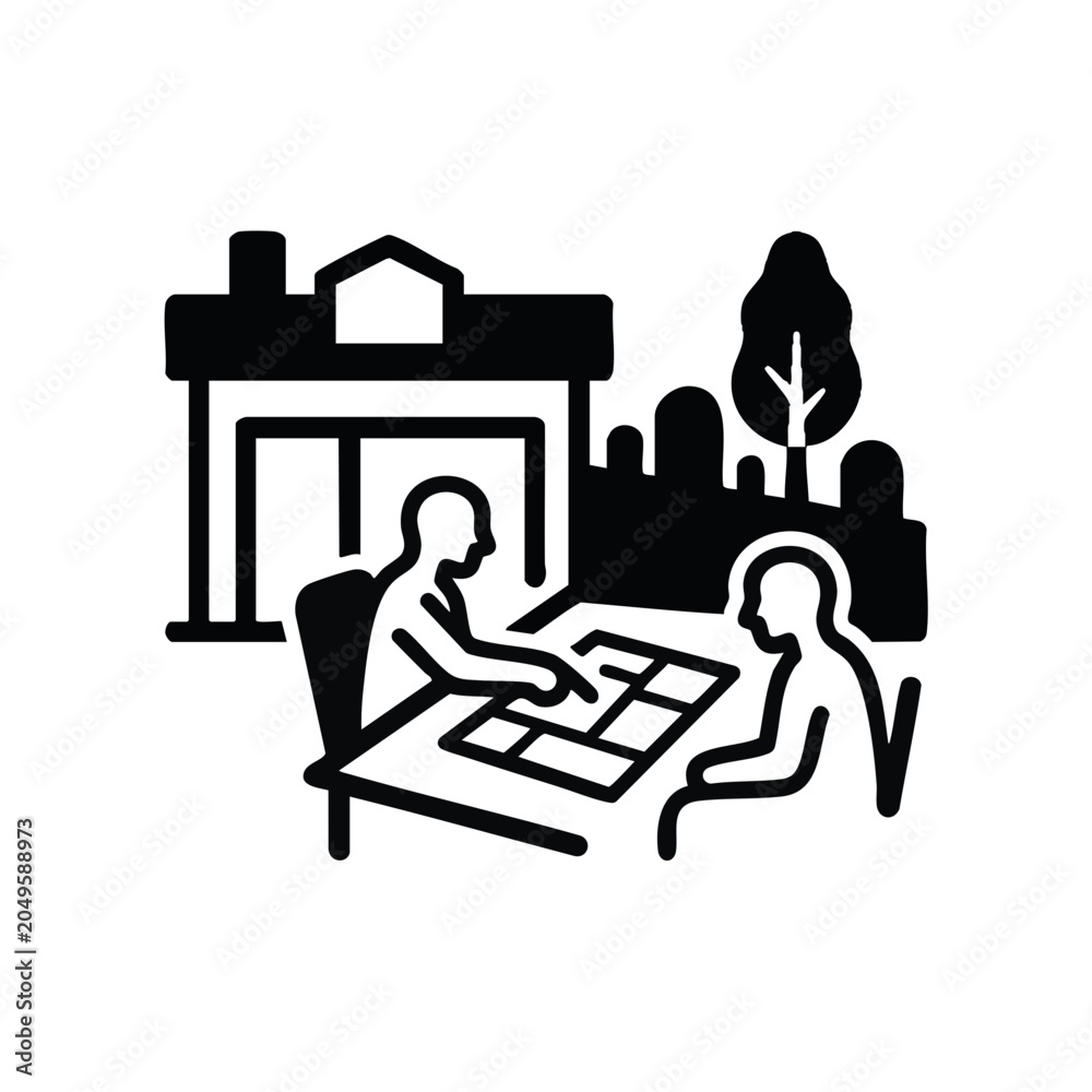 Fototapeta premium Cemetery office plot purchase consultation. Vector illustration of funeral planning meeting. Minimalist black and white silhouette icon isolated on transparent background