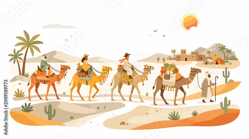 Bild auf Leinwand People riding camels through desert landscape.