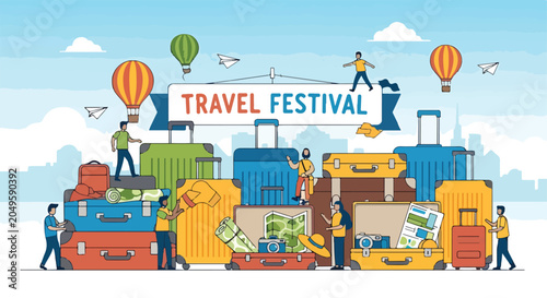 Fotografía Colorful illustration of people with stacked suitcases