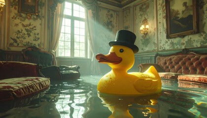 A Dapper Yellow Rubber Duck Wearing a Tiny Bowler Hat Floats Serenely in an Ornate, Flooded Room