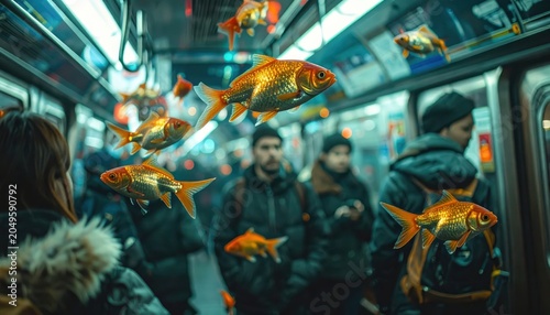 A School of Vibrant Goldfish Swimming Gracefully Through an Urban Subway Car.