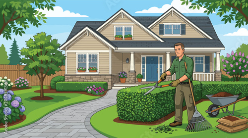 Fotografie Man trimming hedges in front yard.