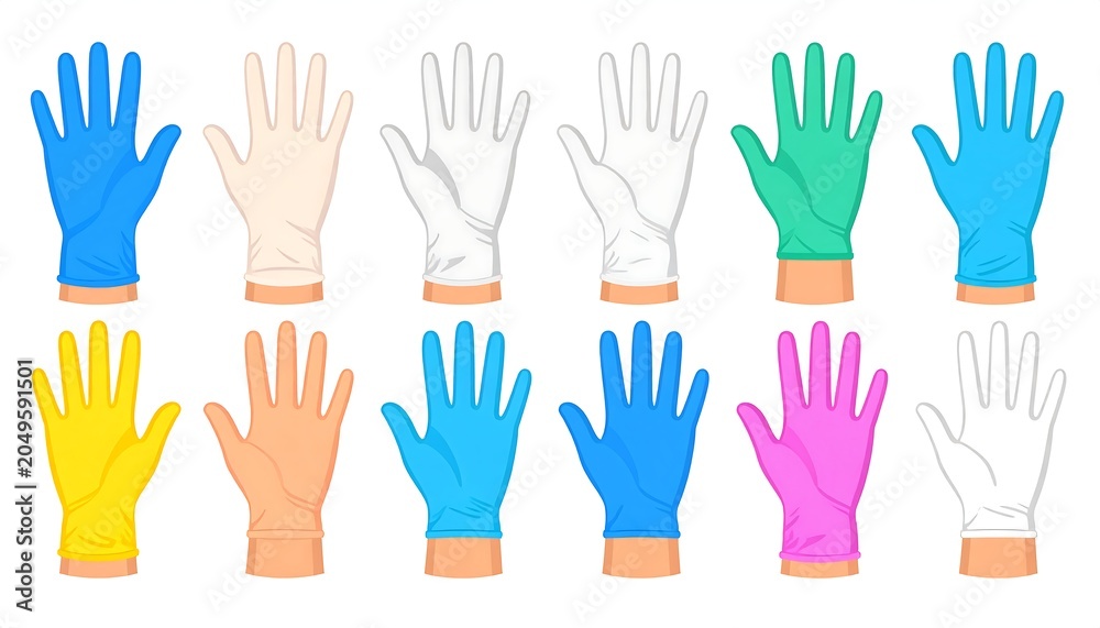 Fototapeta premium Assortment of colorful medical gloves, displayed in flat vector style