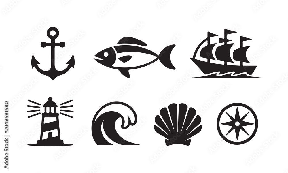 Obraz premium Nautical including ship lighthouse anchor fish waves seashell compass