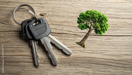 A set of car keys and a vibrant leafy tree symbolizing eco-friendly transportation and new journeys