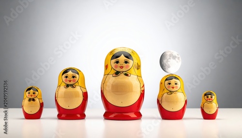 A set of traditional Russian nesting dolls arranged on a surface with a moon element included