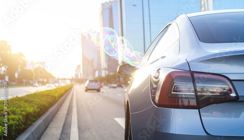 A silver car's exhaust pipe emits a stream of colorful soap bubbles while driving on a city street during sunset