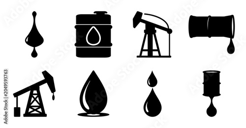 Obraz na plátně Black oil industry icons set - Minimalistic black icons representing oil extraction, barrels, and pumps for energy and industrial stock use