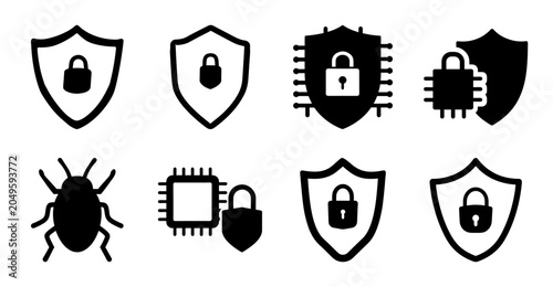 Obraz na płótnie Black security icons set with shield and lock - A clean set of black security icons including shields, locks, and bug symbols for digital protection themes