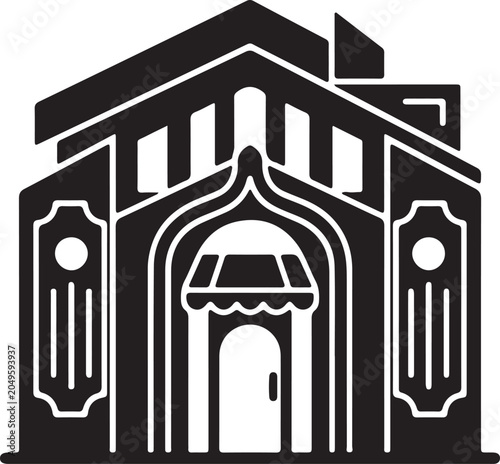 Icon black and white illustration of a building with a door and awning uncomon design