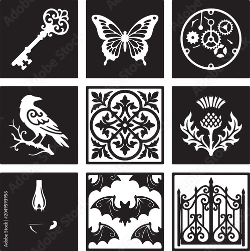 Icon collection of nine black and white silhouettes featuring various designs including a key butterfly clockwork bird thistle and bat uncomon design