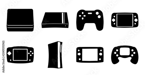 Fotografía Flat icons set of gaming consoles and controllers - Minimalist black icons showing various gaming consoles and controllers in a clean style