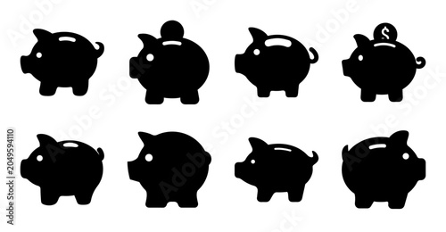 Φωτογραφία Eight black piggy bank icons in a row - Simple set of eight black piggy bank icons arranged horizontally for saving or money-themed designs