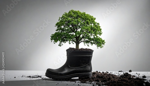A single black Wellington boot serves as an unconventional planter for a lush green tree growing from dark soil.