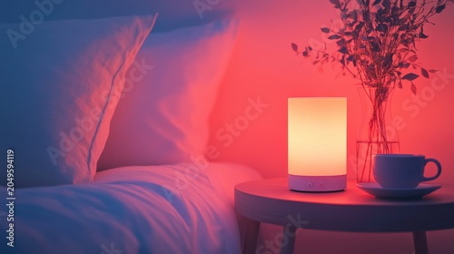 A bedside table holds a red-light therapy lamp that emits soft light beside a cup of tea. This setup aims to promote health and well-being in the evening