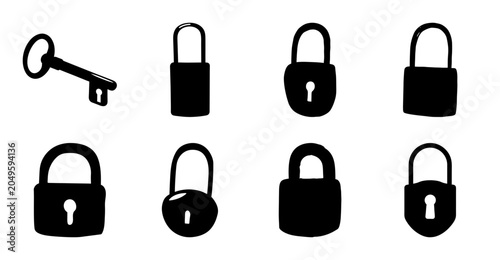 Photos Black keys and padlocks icon set with key - Minimalist black and white icon set featuring keys and padlocks in various styles for security or access themes