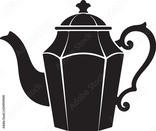 Icon black silhouette of a teapot with a decorative handle and lid on a uncomon design