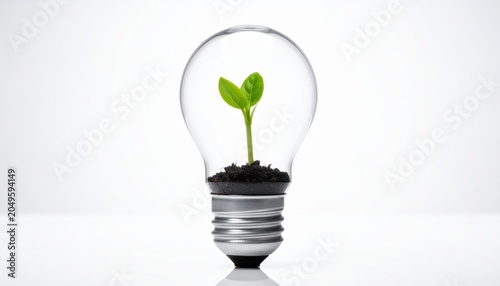 A single bright green sprout emerges from soil within a clear glass lightbulb, symbolizing new ideas and growth.