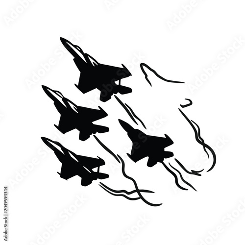 Fighter jet missing man formation vector illustration. Military pilot tribute silhouette. Aviation memorial ceremony graphic isolated on transparent background