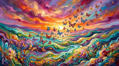 Surreal landscape with winding river, radiant sunset, and butterflies in arcs, symbolizing imagination, transformation, and dreamlike fusion of nature with abstract swirling colors.