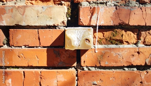 A single contrasting clear block replaces an ordinary brick on a weathered orange brick wall outdoors, creating a unique visual anomaly.