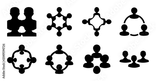 Black abstract people connection icons set - Minimalist vector icons showing human connection and group interaction in black style.