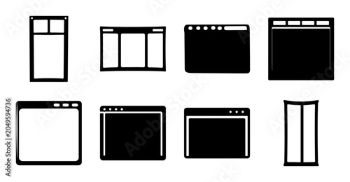 Modern app window layout icons set - Simple black and white icons showing different app window layouts and interface styles for digital design projects.