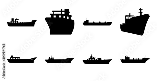 Black silhouette cargo ships collection - Eight black silhouette-style cargo ships in various designs and sizes for versatile graphic use.