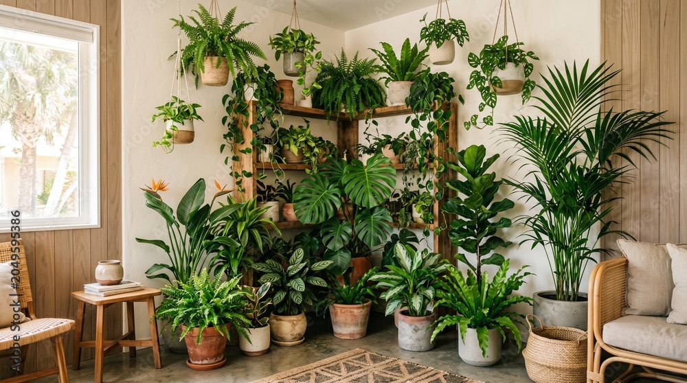 Fototapeta premium Abundant indoor plants flourishing in a beautifully decorated and sunlit room