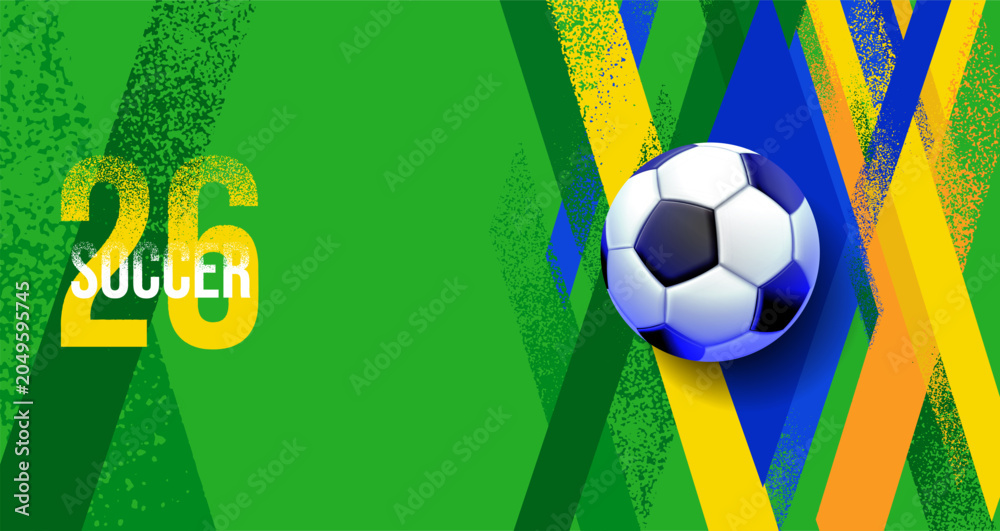 Obraz premium Modern abstract Brazil football background with dynamic green and yellow brush strokes, soccer ball element