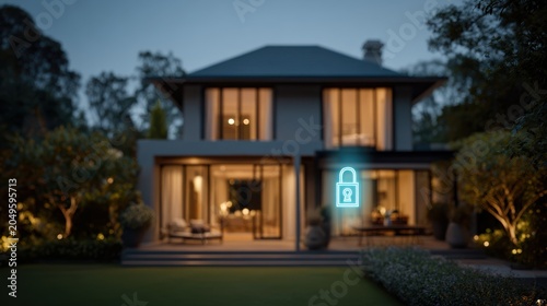 A suburban house appears during dusk with soft blue light. A glowing digital padlock hovers over the facade, showing a focus on security. Warm lights shine from the interior as the scene slowly moves