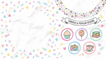 Cute hand drawn doodle confetti background with colorful stars hearts and sprinkle shapes.