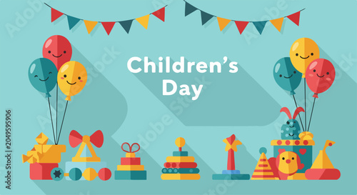 Colorful Children's Day celebration with toys and balloons