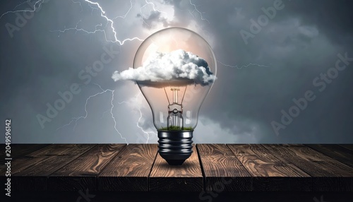 A Single Glowing Lightbulb Containing a Tiny Swirling Storm Cloud Stands on a Wooden Surface Amidst Lightning Strikes