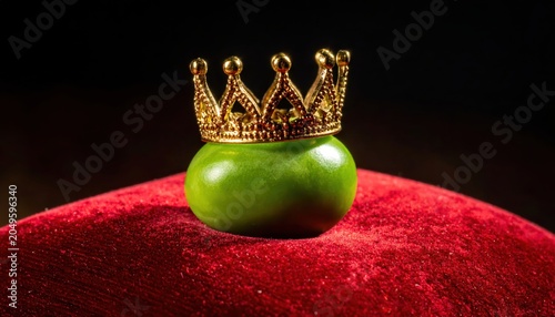 A Single Green Pea Wearing a Tiny Golden Crown Rests on a Plush Red Velvet Pillow