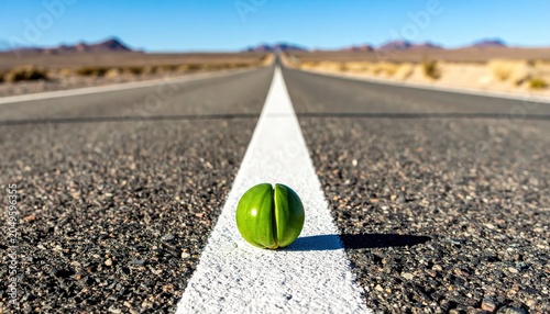 A Single Green Pea Placed on the White Line of a Desert Highway