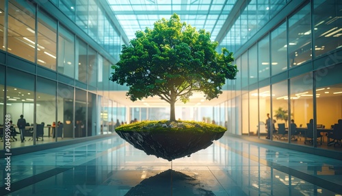 A Single Lush Tree on a Floating Island within a Modern Glass Atrium