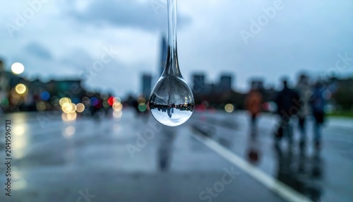 A single perfect raindrop hanging in mid-air with a detailed upside down reflection of a cityscape